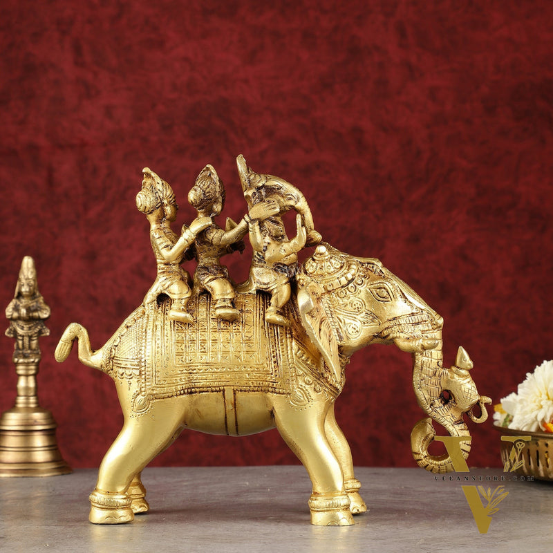 Pure Brass Handcrafted Ganesha with Riddhi Siddhi on Elephant Statue - 7.5"