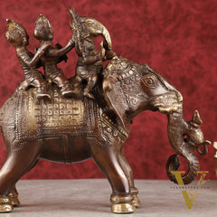 Pure Brass Handcrafted Ganesha with Riddhi Siddhi on Elephant Statue - 7.5" antique brown