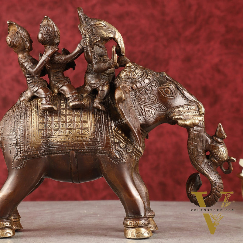 Pure Brass Handcrafted Ganesha with Riddhi Siddhi on Elephant Statue - 7.5" antique brown