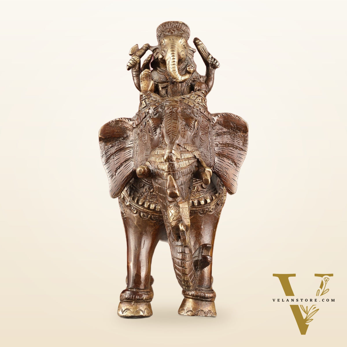 Pure Brass Handcrafted Ganesha with Riddhi Siddhi on Elephant Statue - 7.5" antique brown