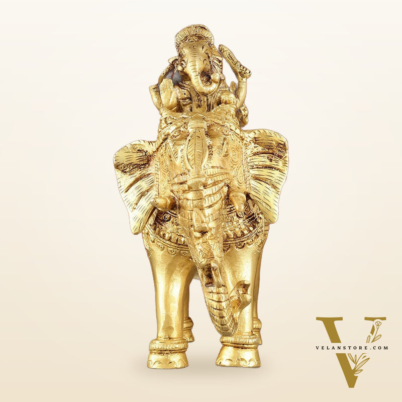 Pure Brass Handcrafted Ganesha with Riddhi Siddhi on Elephant Statue - 7.5"