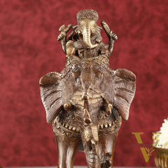 Pure Brass Handcrafted Ganesha with Riddhi Siddhi on Elephant Statue - 7.5" antique brown