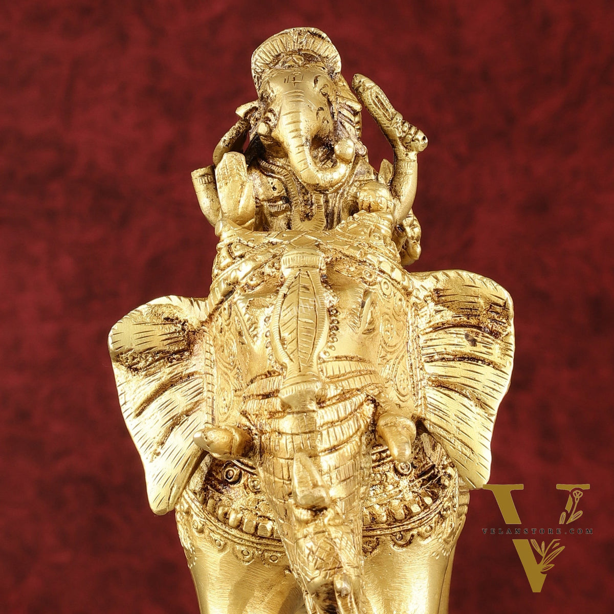 Pure Brass Handcrafted Ganesha with Riddhi Siddhi on Elephant Statue - 7.5"