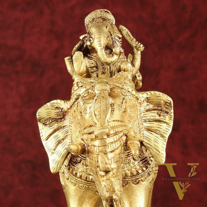 Pure Brass Handcrafted Ganesha with Riddhi Siddhi on Elephant Statue - 7.5"