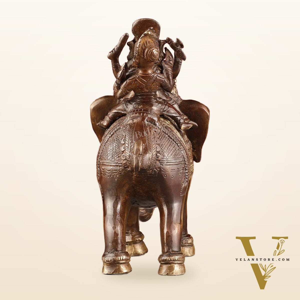 Pure Brass Handcrafted Ganesha with Riddhi Siddhi on Elephant Statue - 7.5" antique brown