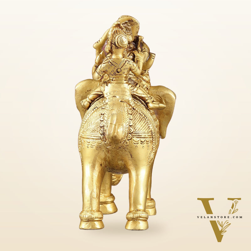 Pure Brass Handcrafted Ganesha with Riddhi Siddhi on Elephant Statue - 7.5"