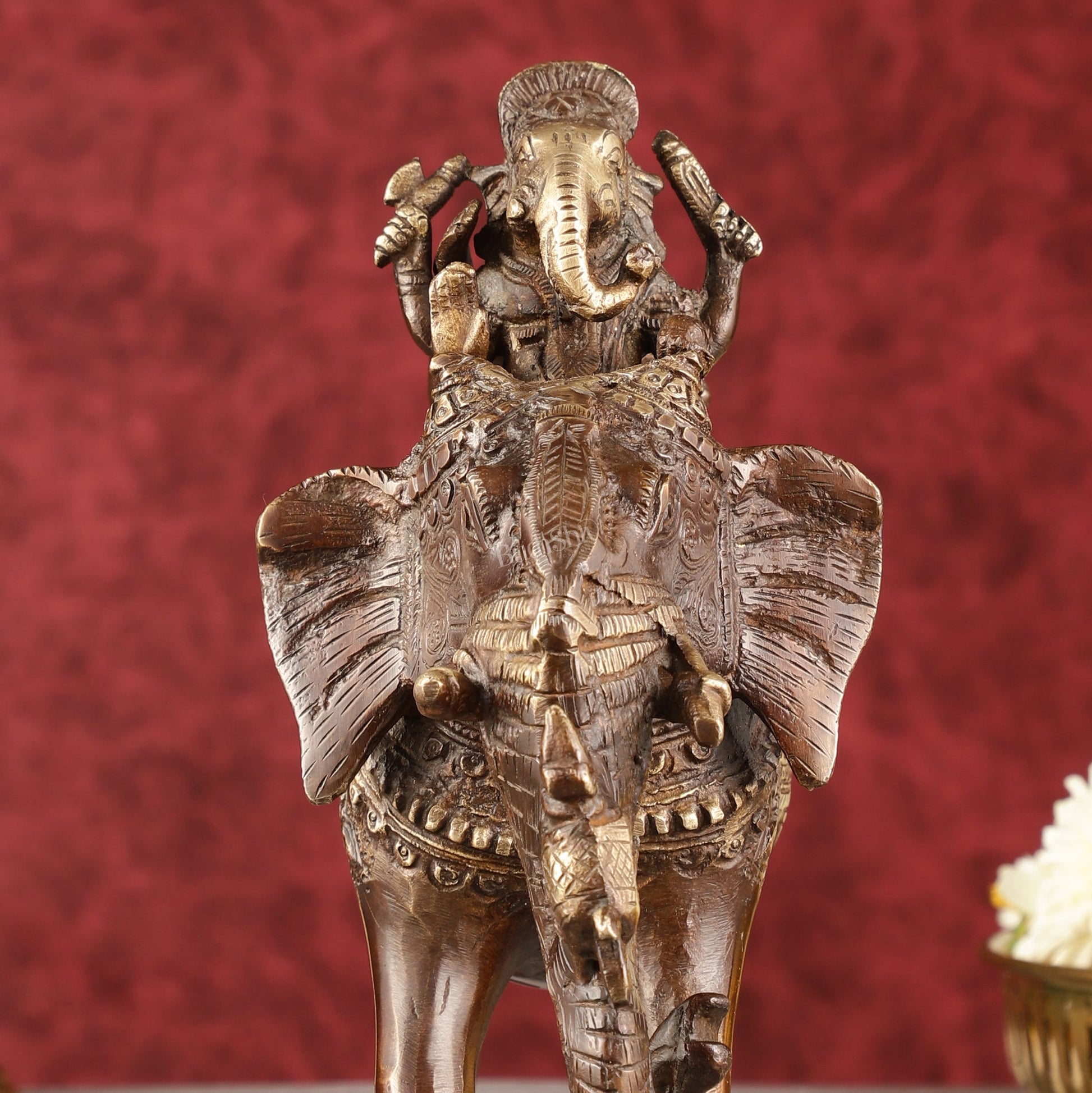 Pure Brass Handcrafted Ganesha with Riddhi Siddhi on Elephant Statue - 7.5" antique brown