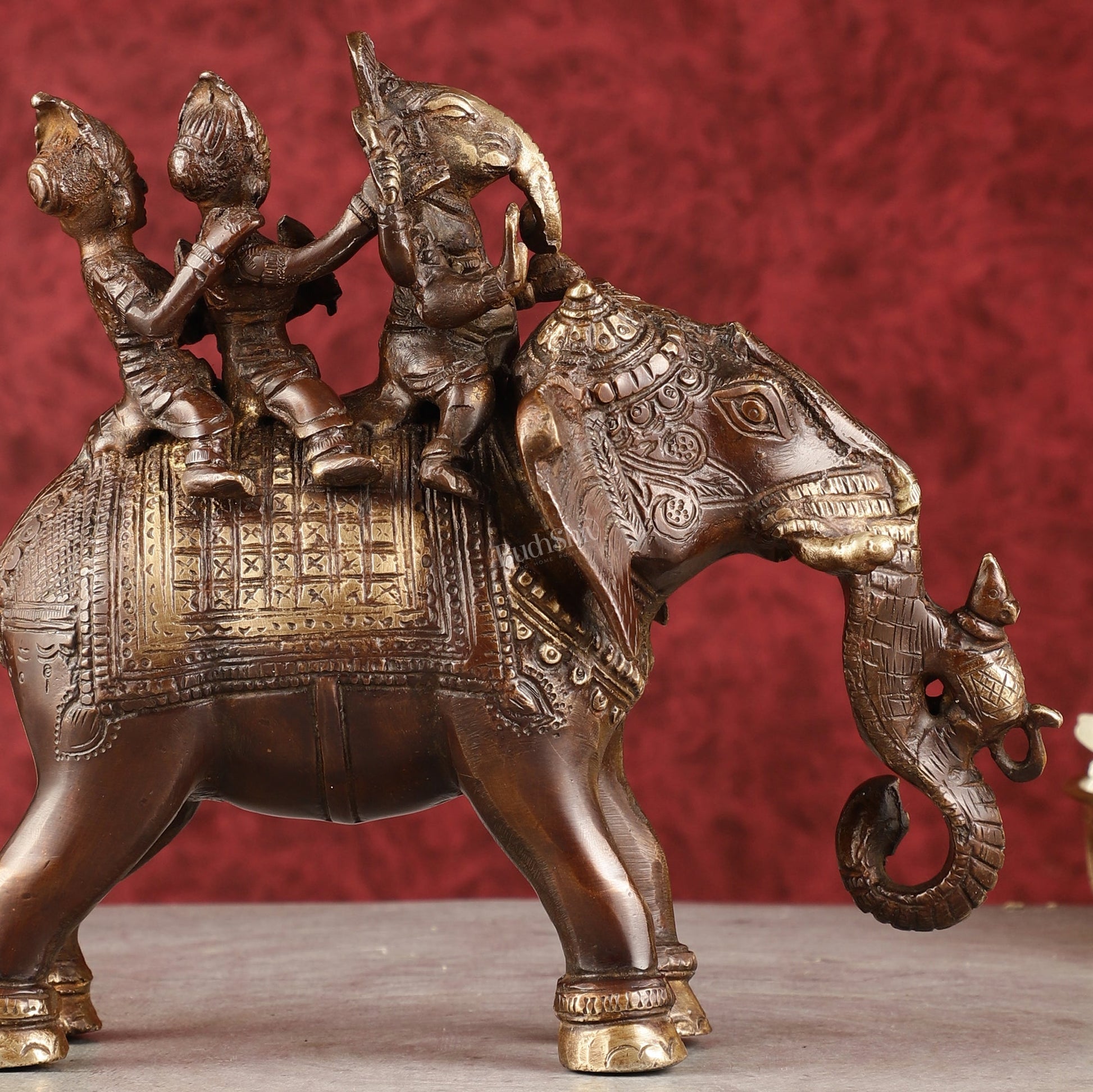Pure Brass Handcrafted Ganesha with Riddhi Siddhi on Elephant Statue - 7.5" antique brown