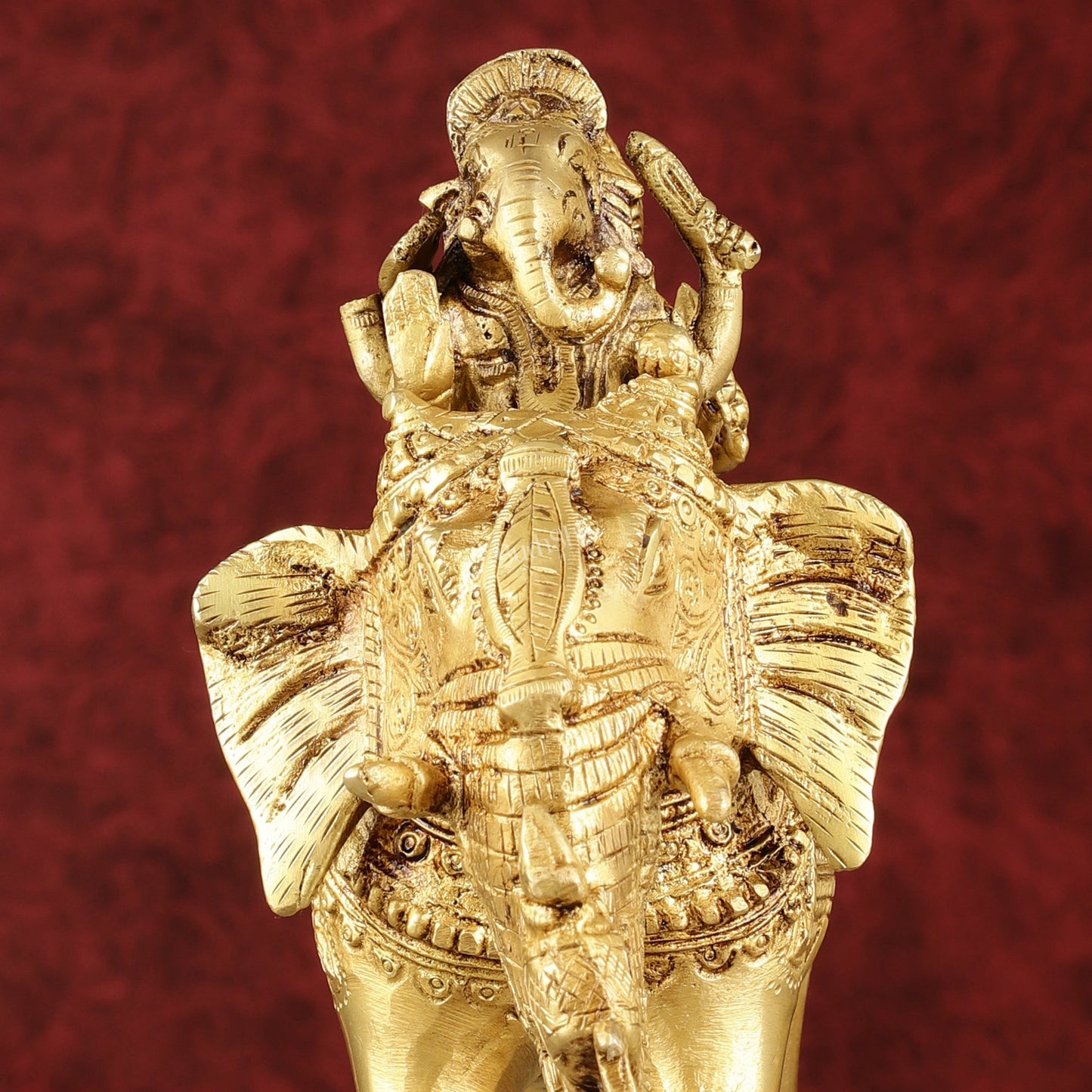 Pure Brass Handcrafted Ganesha with Riddhi Siddhi on Elephant Statue - 7.5"