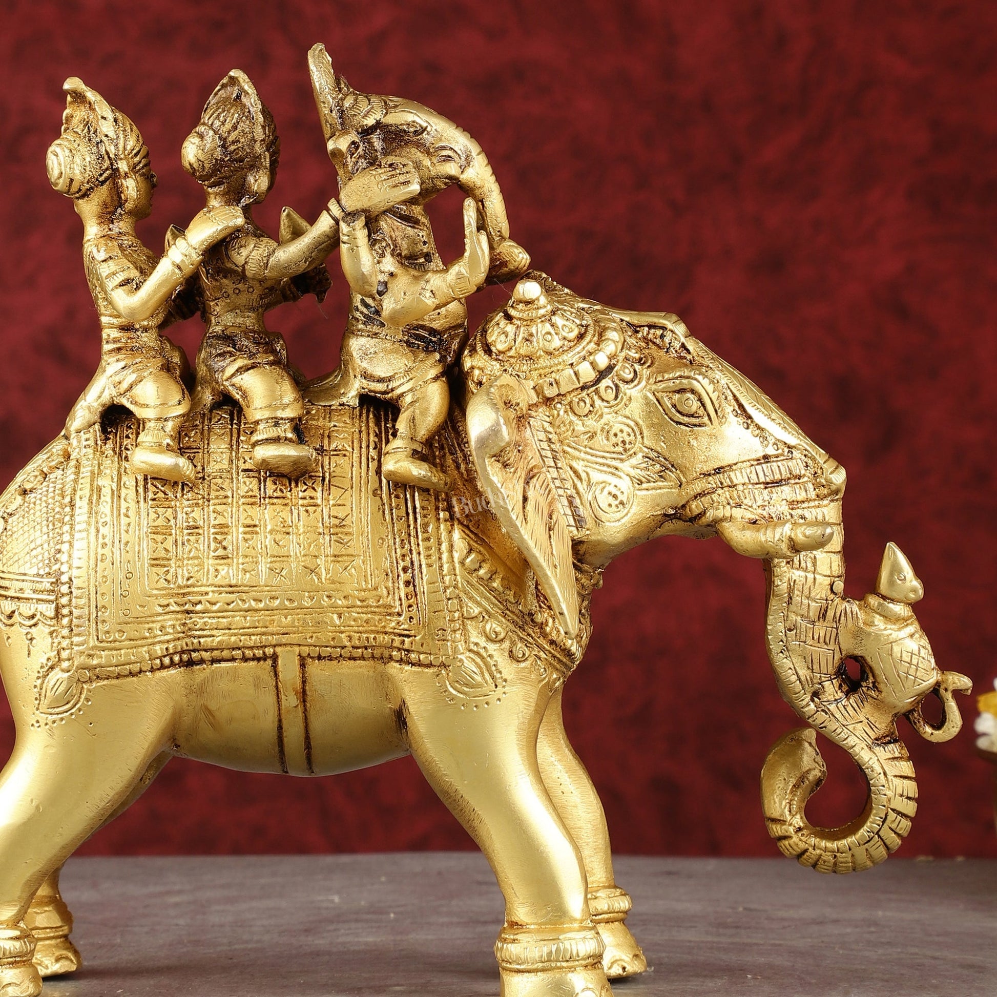 Pure Brass Handcrafted Ganesha with Riddhi Siddhi on Elephant Statue - 7.5"