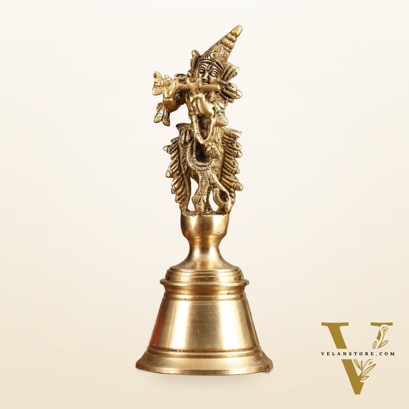 Pure Brass Handcrafted Hand Bell with Krishna - 7 in Height