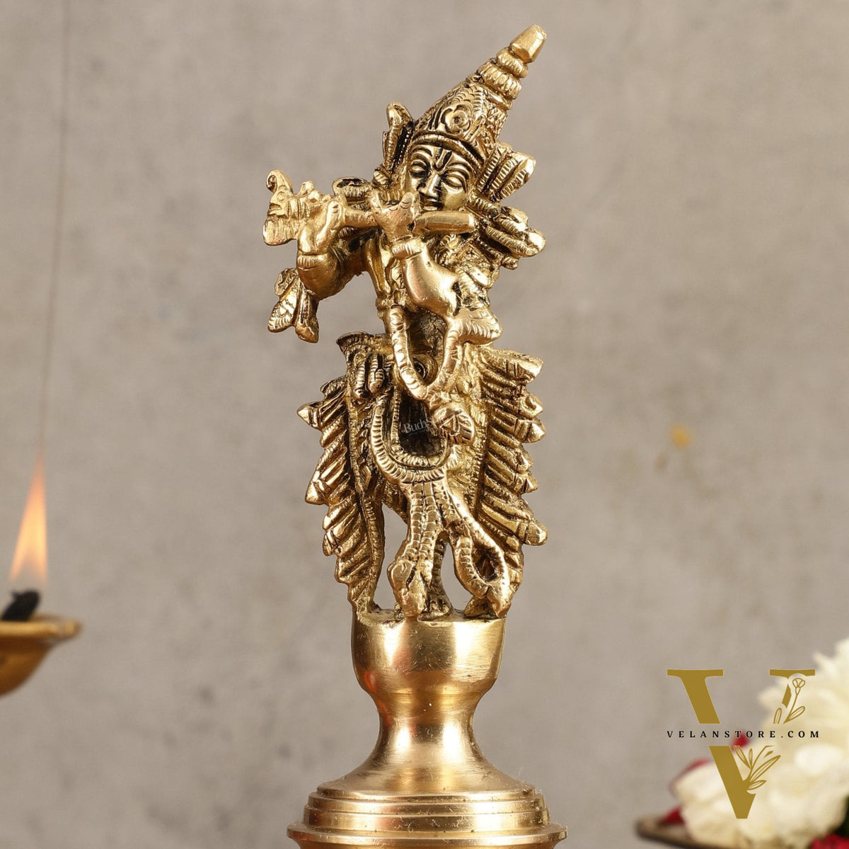Pure Brass Handcrafted Hand Bell with Krishna - 7 in Height