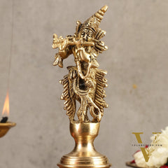 Pure Brass Handcrafted Hand Bell with Krishna - 7 in Height