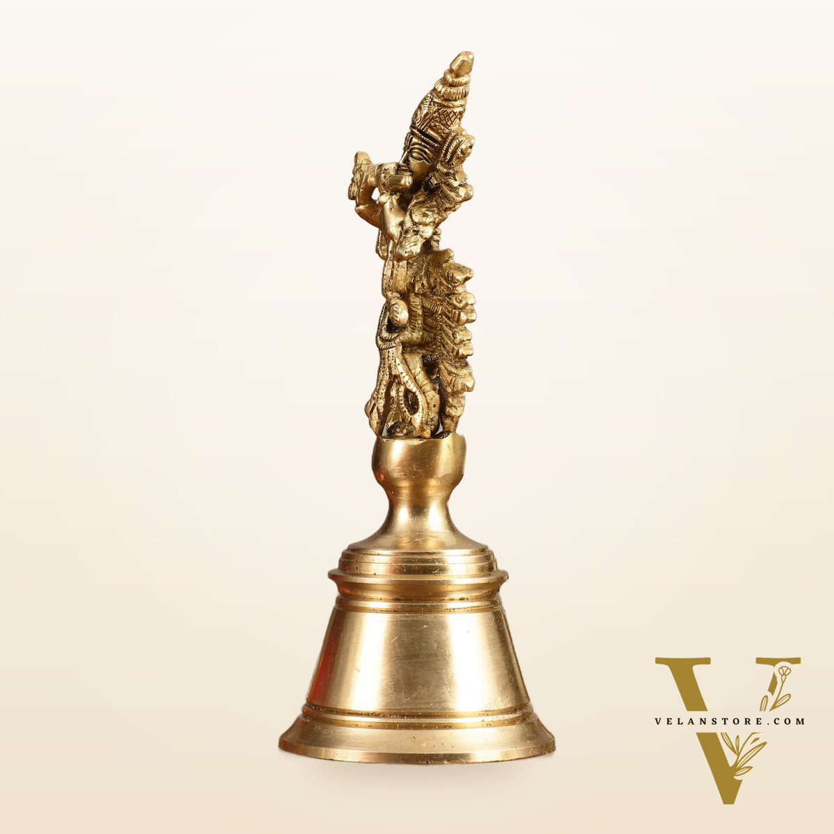 Pure Brass Handcrafted Hand Bell with Krishna - 7 in Height