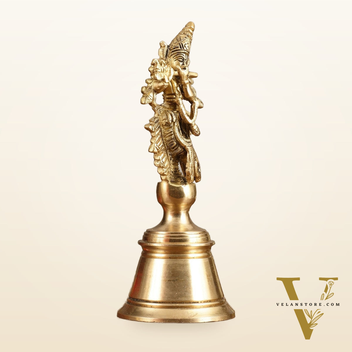 Pure Brass Handcrafted Hand Bell with Krishna - 7 in Height