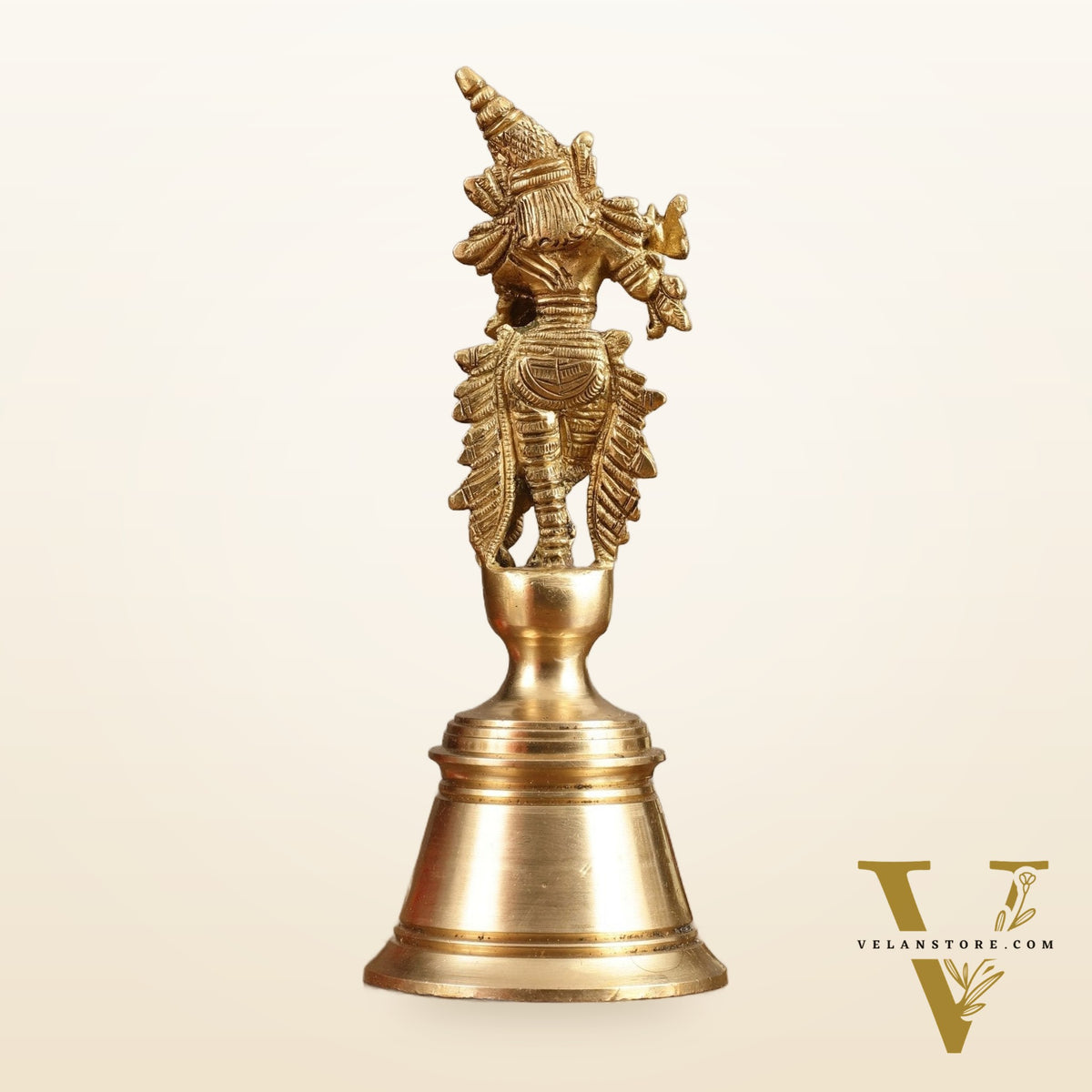 Pure Brass Handcrafted Hand Bell with Krishna - 7 in Height