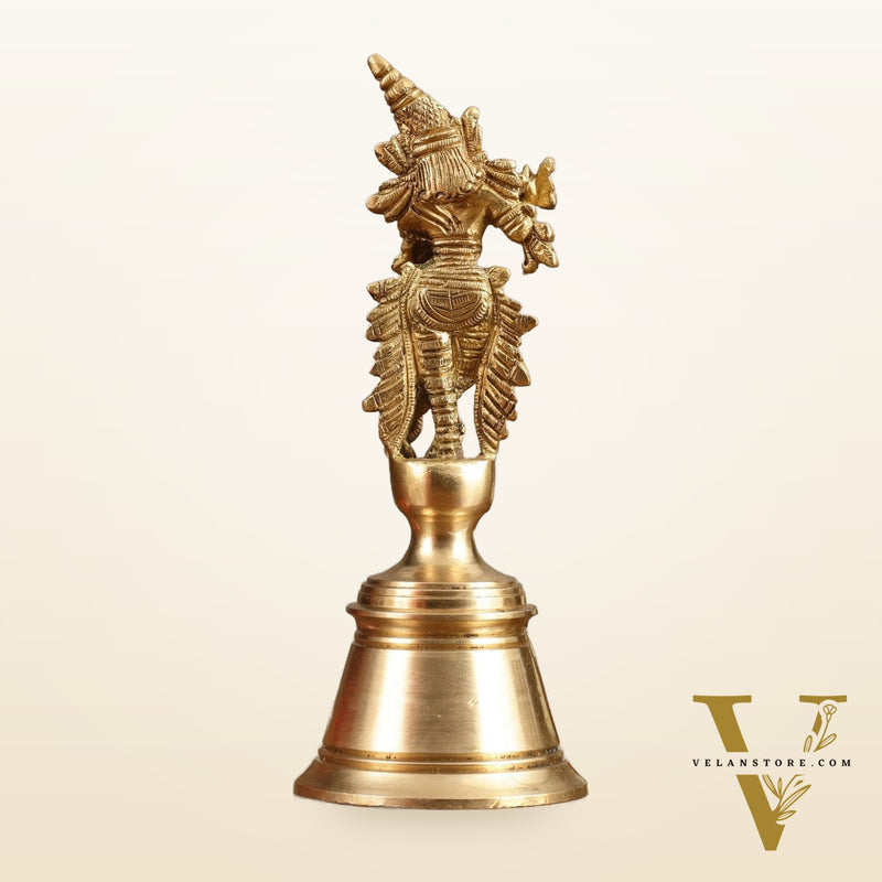 Pure Brass Handcrafted Hand Bell with Krishna - 7 in Height