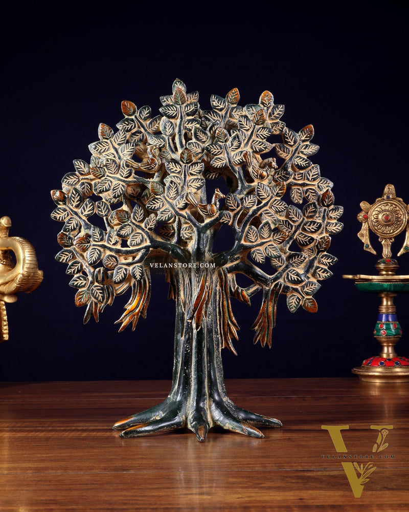 Pure Brass Handcrafted Kalpavriksha Tree - Table Standing - 11" vintage green sand patina
