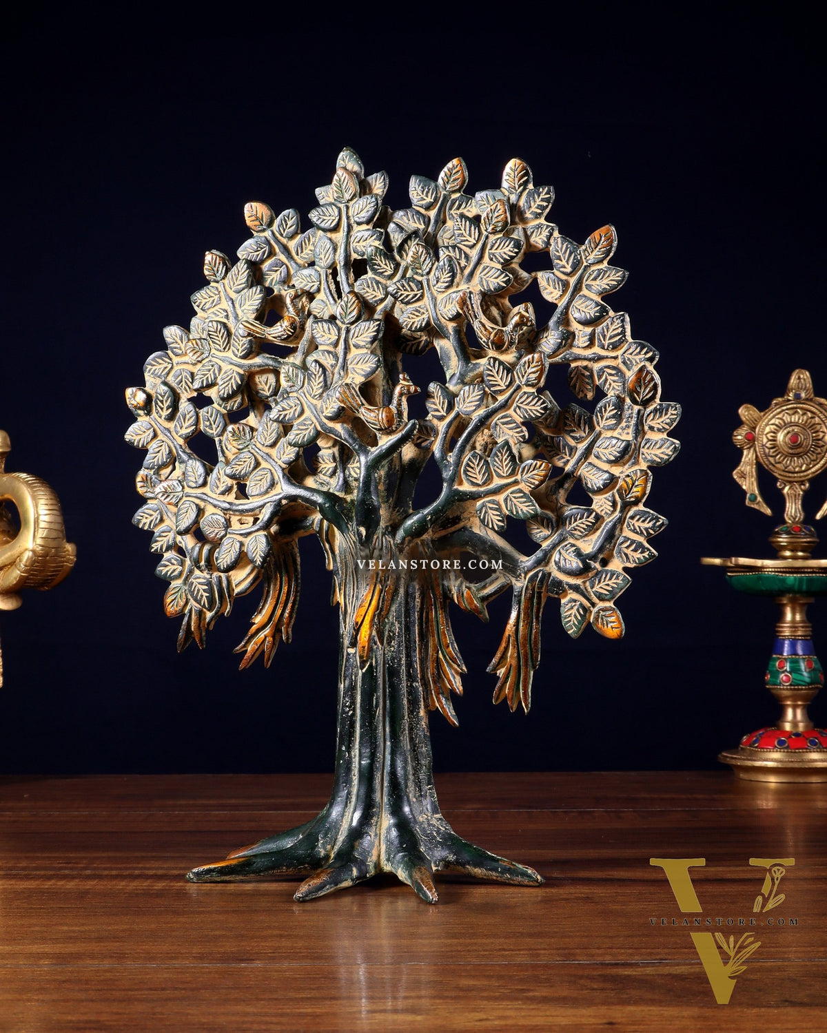 Pure Brass Handcrafted Kalpavriksha Tree - Table Standing - 11" vintage green sand patina