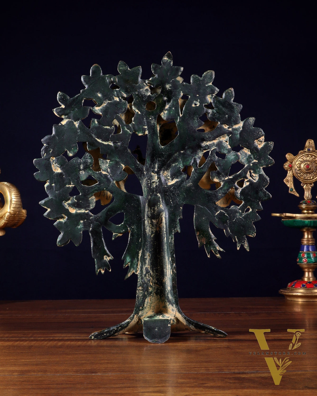 Pure Brass Handcrafted Kalpavriksha Tree - Table Standing - 11" vintage green sand patina