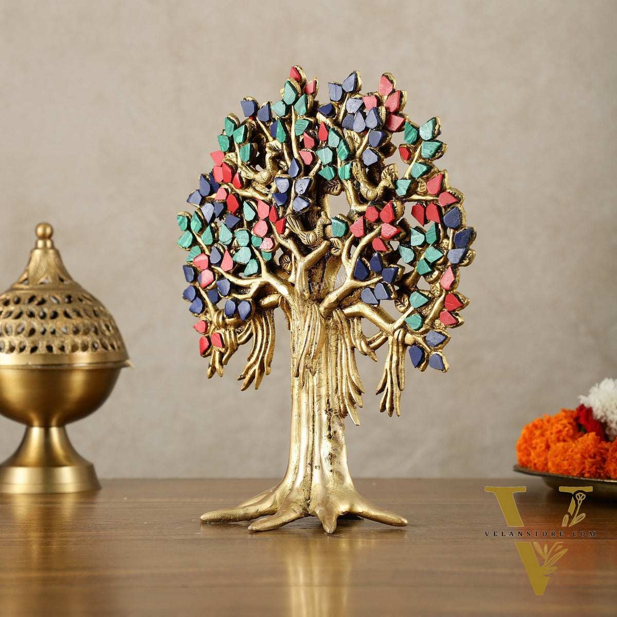 Pure Brass Handcrafted Kalpavriksha Tree - Table Standing - 11" with meenakari