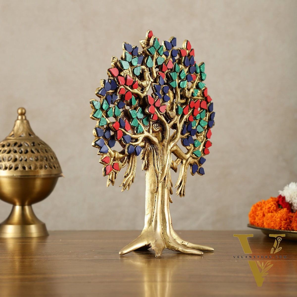 Pure Brass Handcrafted Kalpavriksha Tree - Table Standing - 11" with meenakari