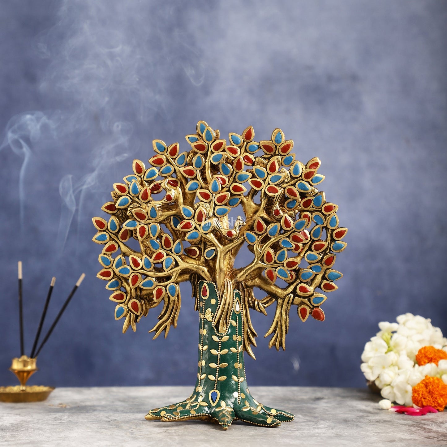 Pure Brass Handcrafted Kalpavriksha Tree - Table Standing - 11" with stonework