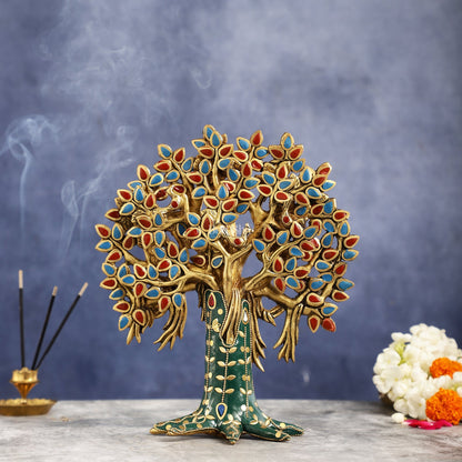 Pure Brass Handcrafted Kalpavriksha Tree - Table Standing - 11" with stonework