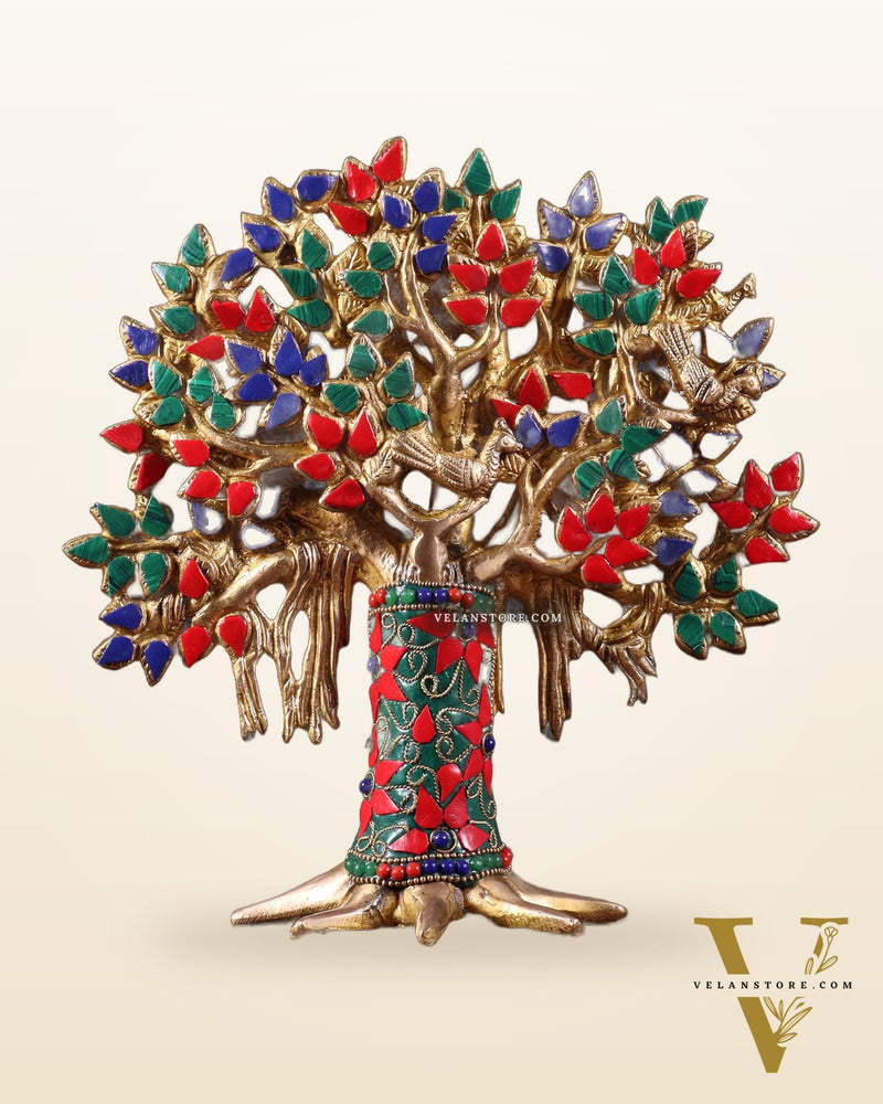Pure Brass Handcrafted Kalpavriksha Tree - Table Standing 9" stonework