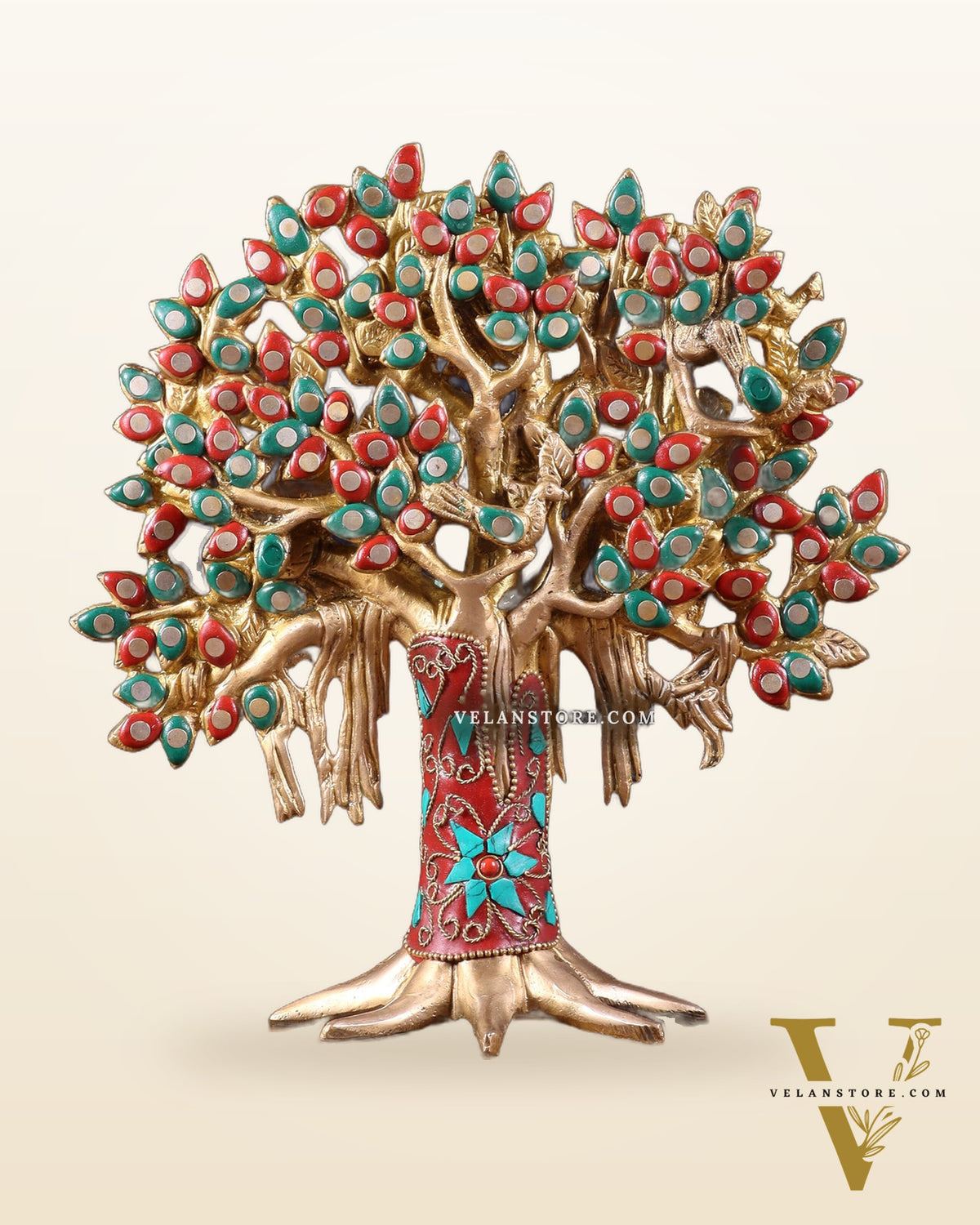 Pure Brass Handcrafted Kalpavriksha Tree - Table Standing 9" stonework