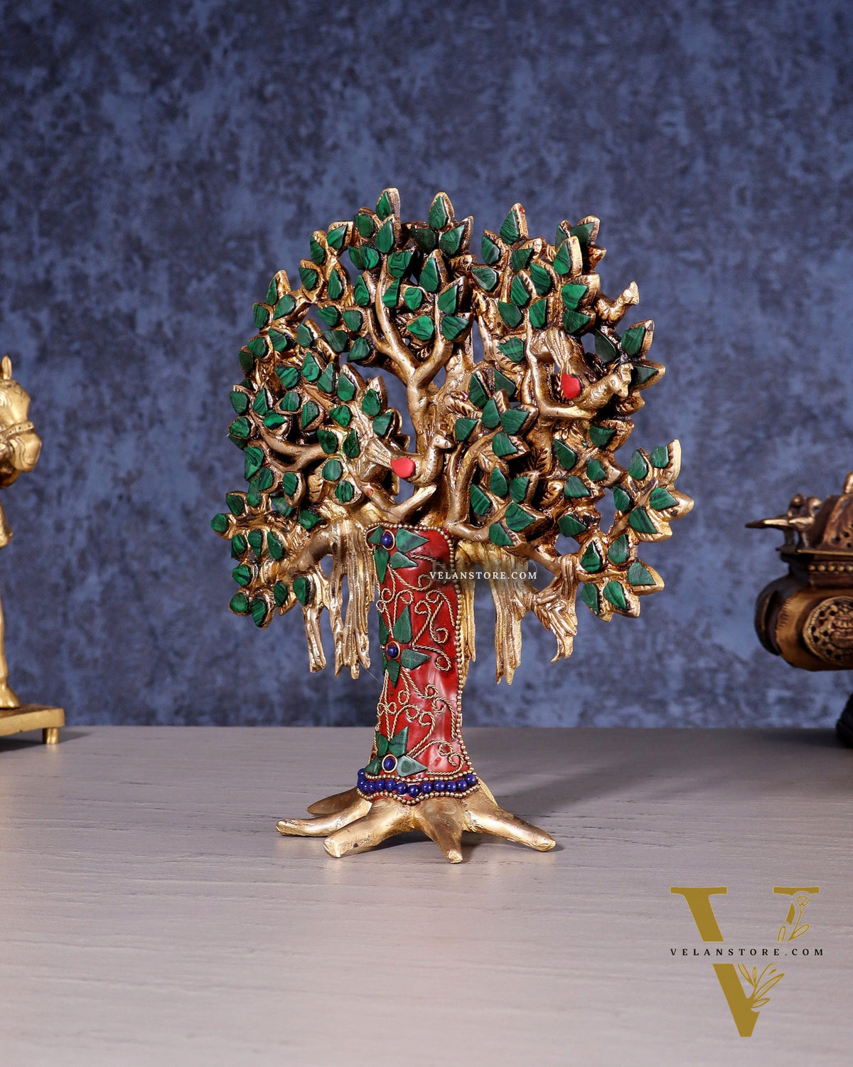 Pure Brass Handcrafted Kalpavriksha Tree - Table Standing 9" stonework