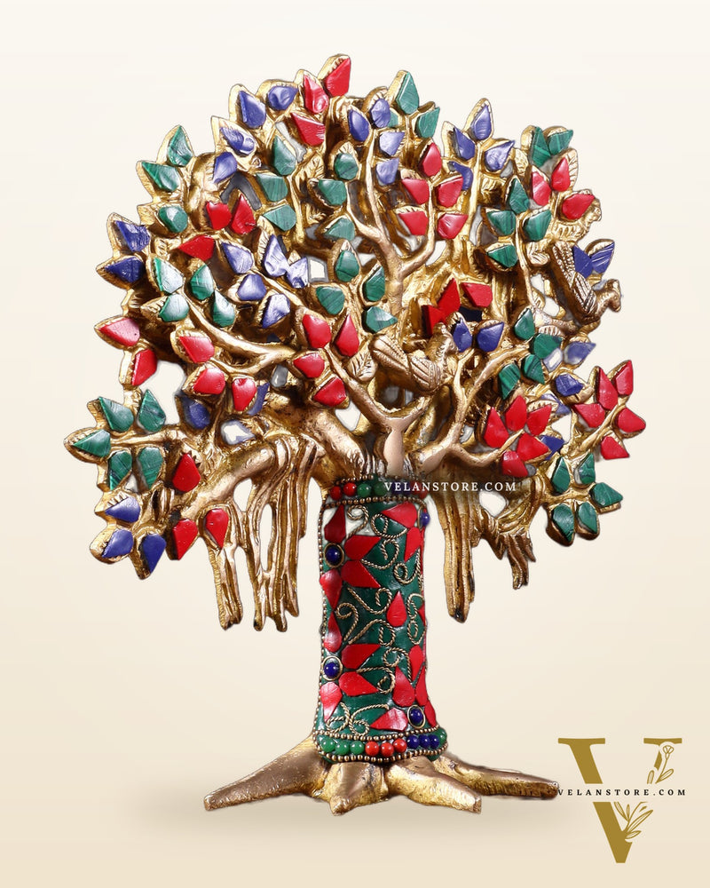 Pure Brass Handcrafted Kalpavriksha Tree - Table Standing 9" stonework