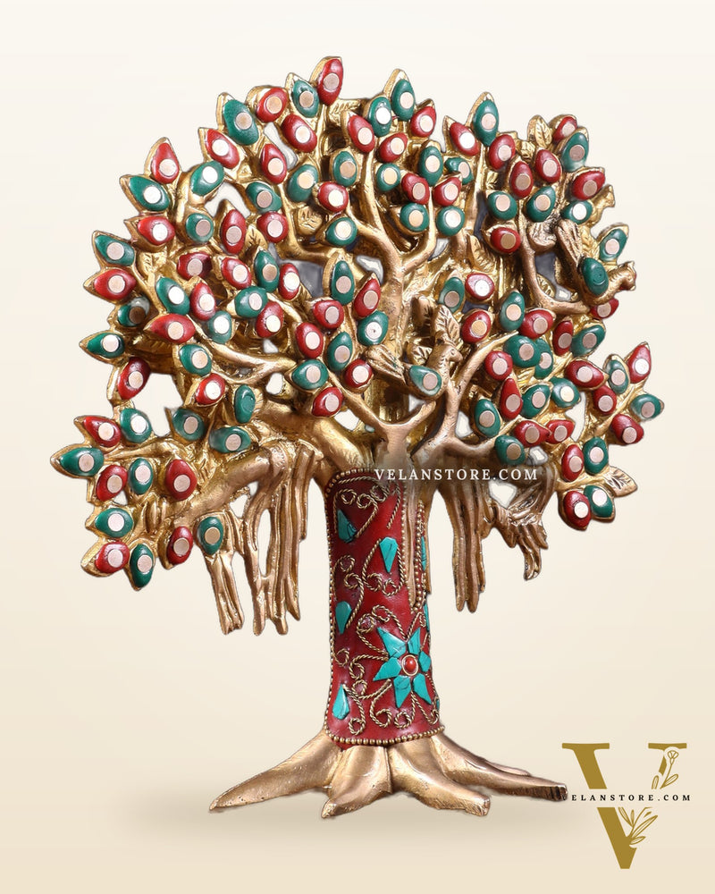 Pure Brass Handcrafted Kalpavriksha Tree - Table Standing 9" stonework