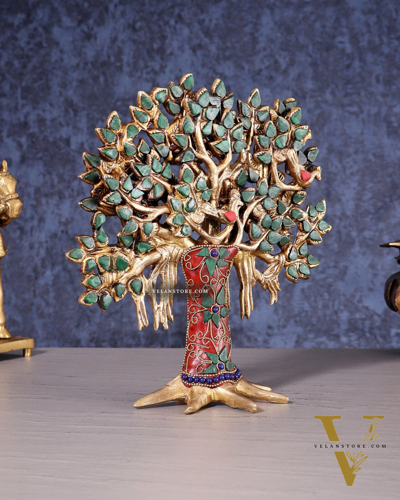 Pure Brass Handcrafted Kalpavriksha Tree - Table Standing 9" stonework