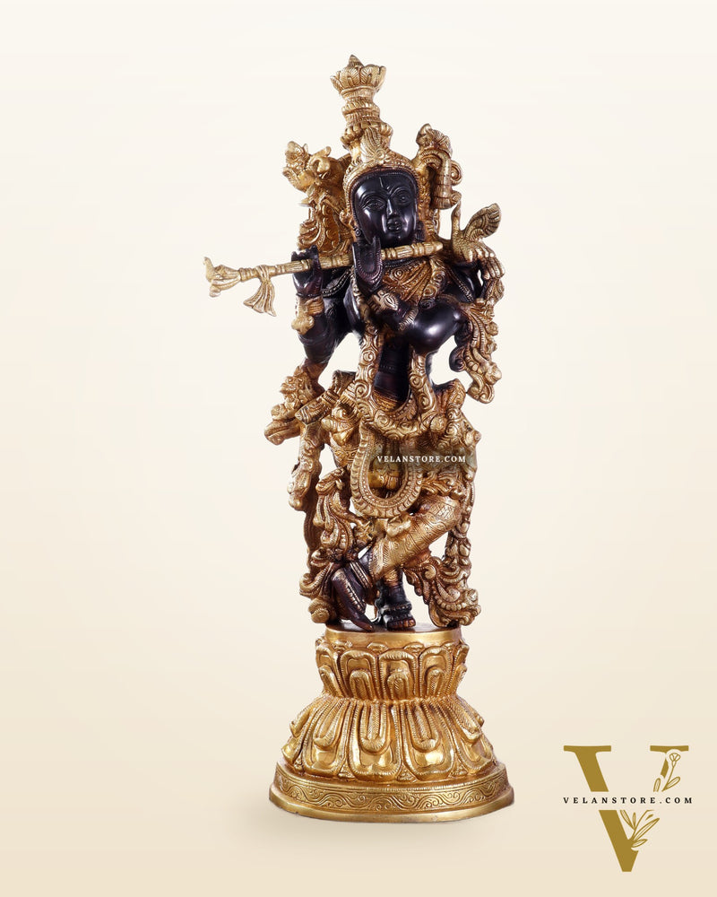 Pure Brass Handcrafted Krishna Statue – 21" black and gold finish