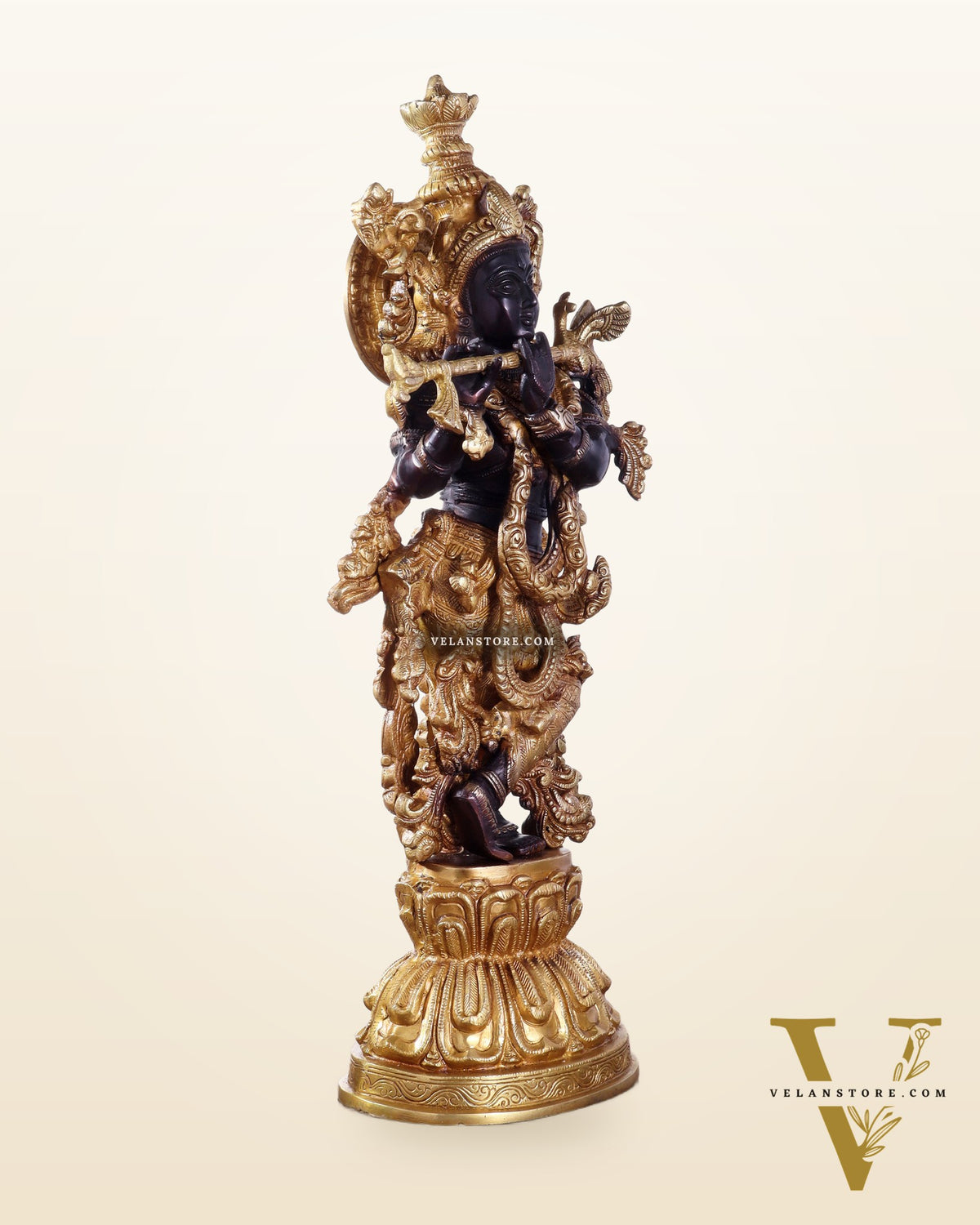 Pure Brass Handcrafted Krishna Statue – 21" black and gold finish