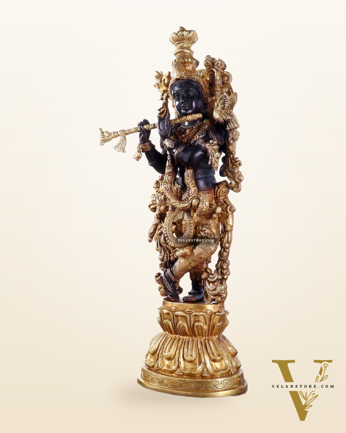 Pure Brass Handcrafted Krishna Statue – 21" black and gold finish