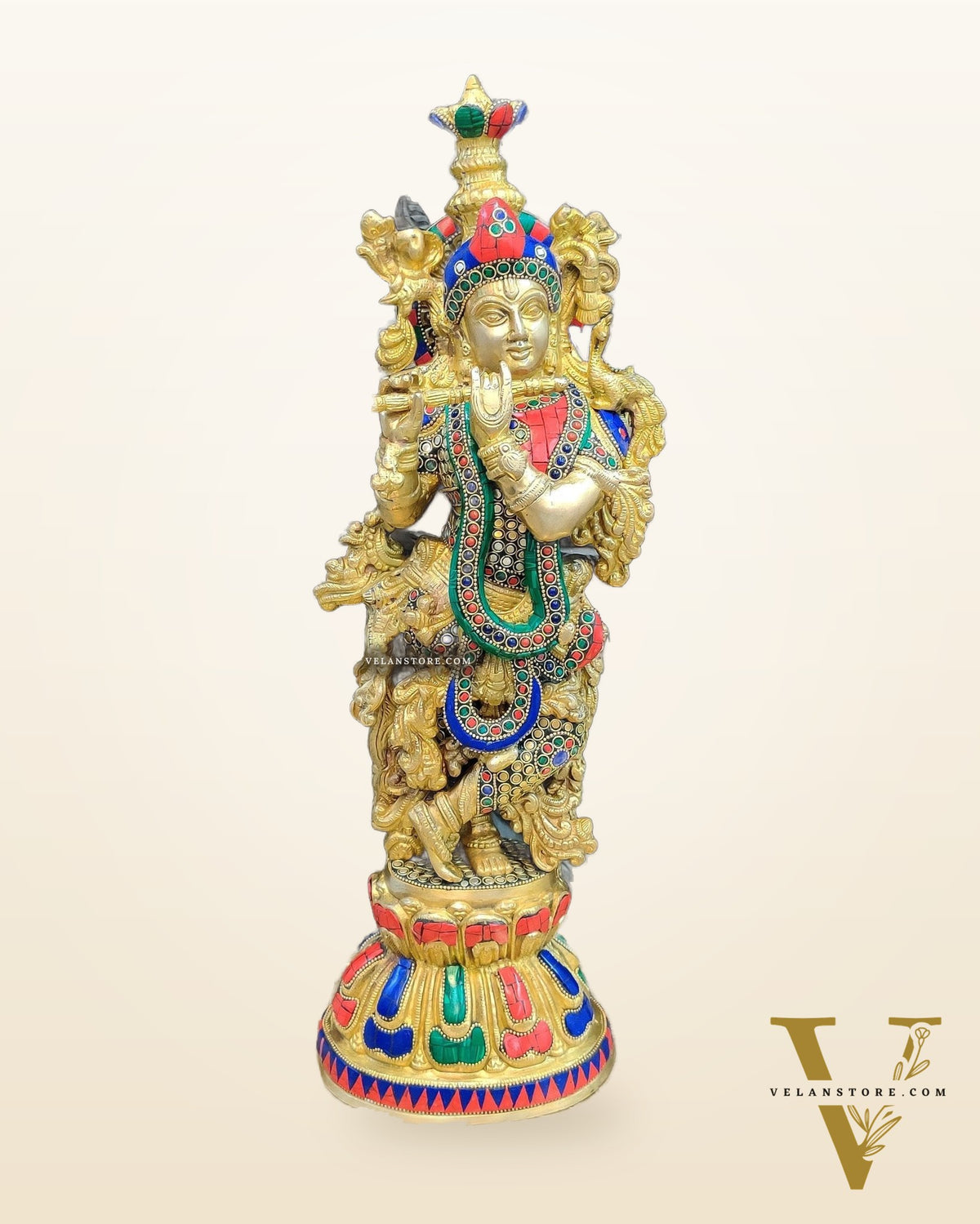 Pure Brass Handcrafted Krishna Statue - 21" with Intricate Stonework