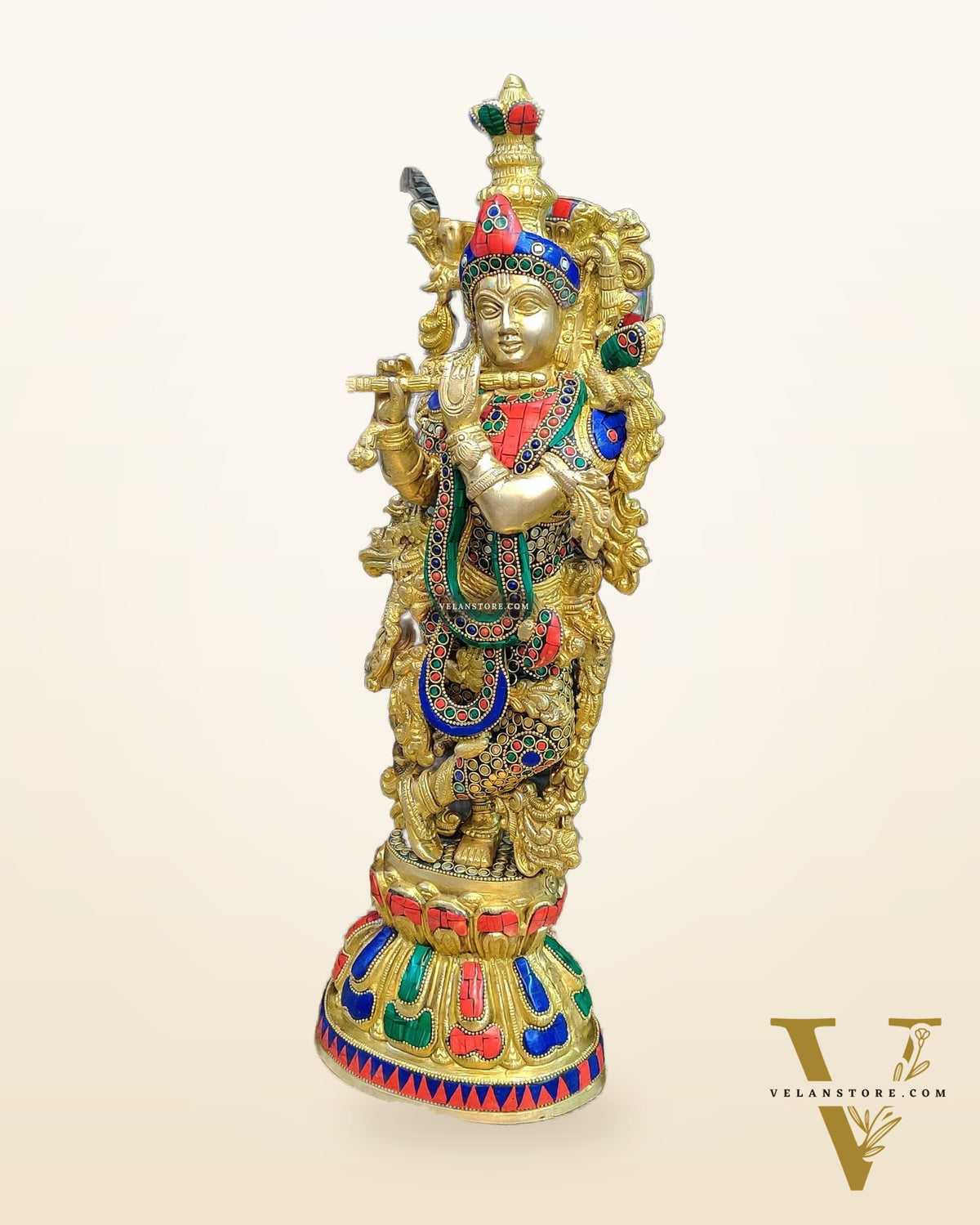 Pure Brass Handcrafted Krishna Statue - 21" with Intricate Stonework