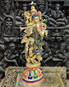 Pure Brass Handcrafted Krishna Statue - 21" with Intricate Stonework