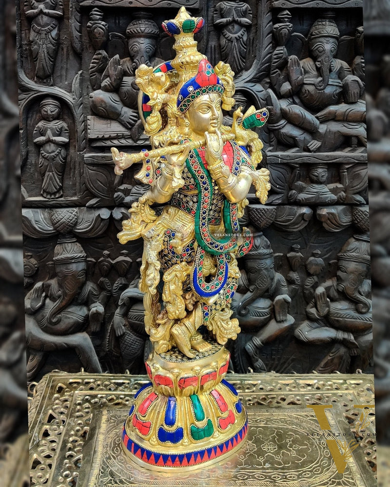 Pure Brass Handcrafted Krishna Statue - 21" with Intricate Stonework