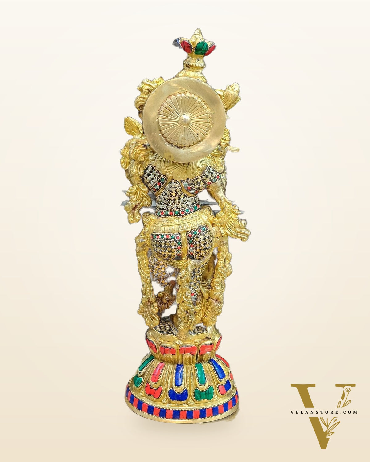 Pure Brass Handcrafted Krishna Statue - 21" with Intricate Stonework