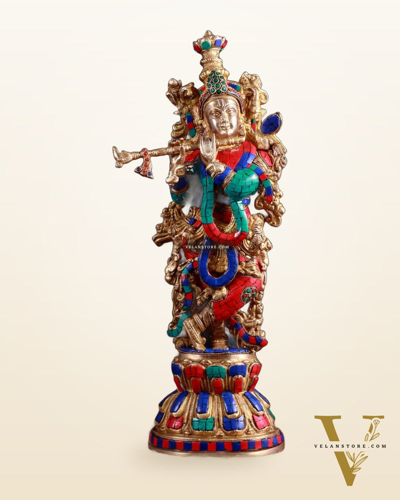 Pure Brass Handcrafted Krishna Statue with Stonework, 21" Height