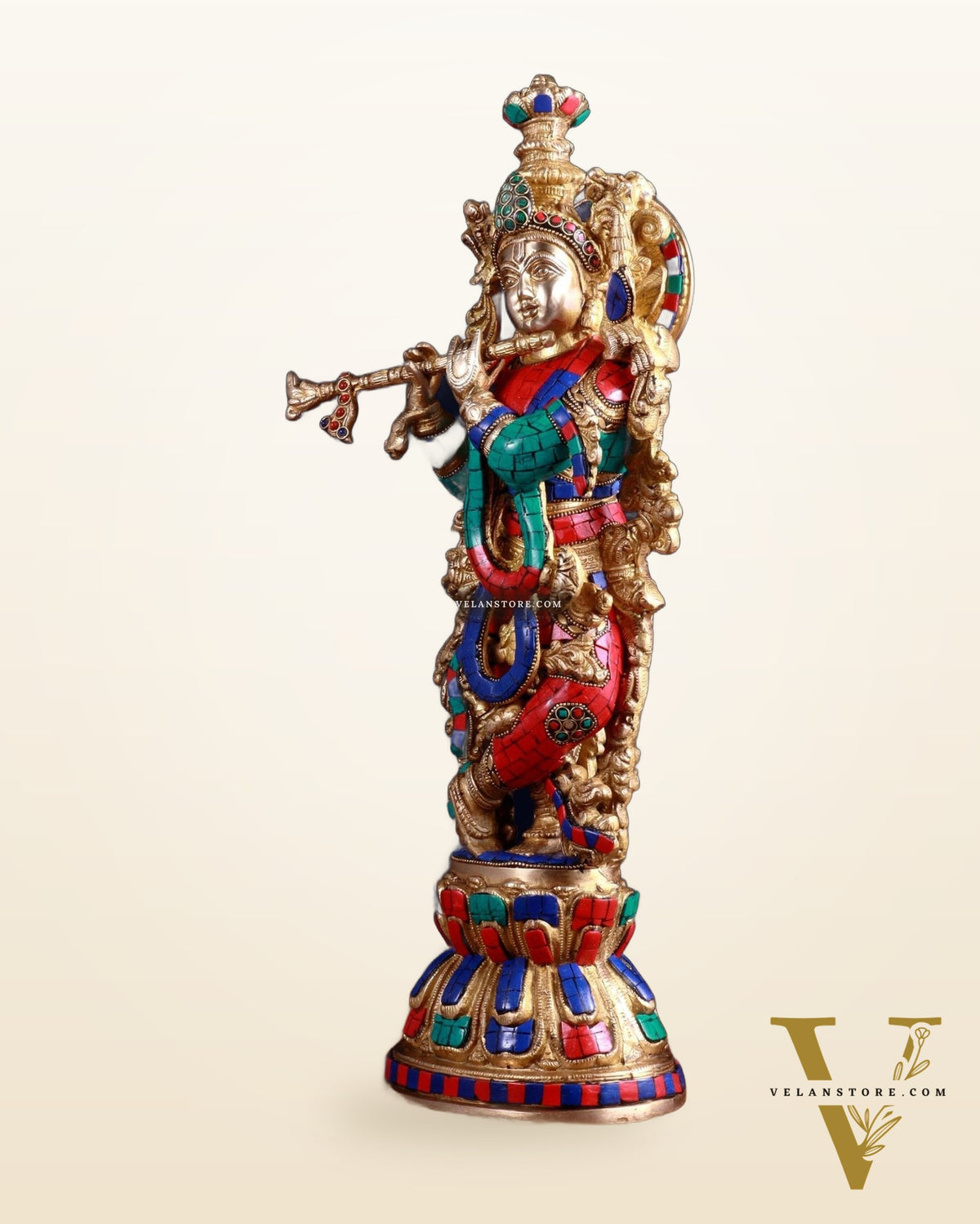 Pure Brass Handcrafted Krishna Statue with Stonework, 21" Height
