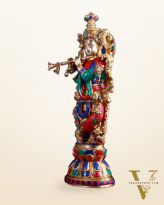 Pure Brass Handcrafted Krishna Statue with Stonework, 21" Height