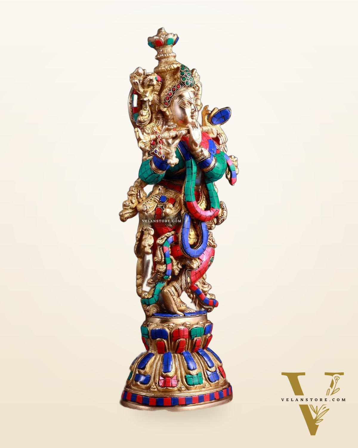 Pure Brass Handcrafted Krishna Statue with Stonework, 21" Height