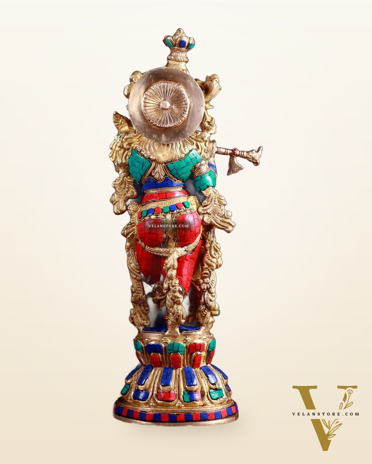 Pure Brass Handcrafted Krishna Statue with Stonework, 21" Height