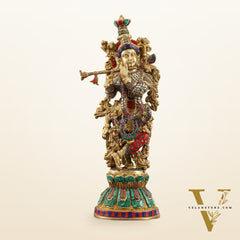 Pure Brass Handcrafted Krishna Statue with Stonework | Height 21 inch