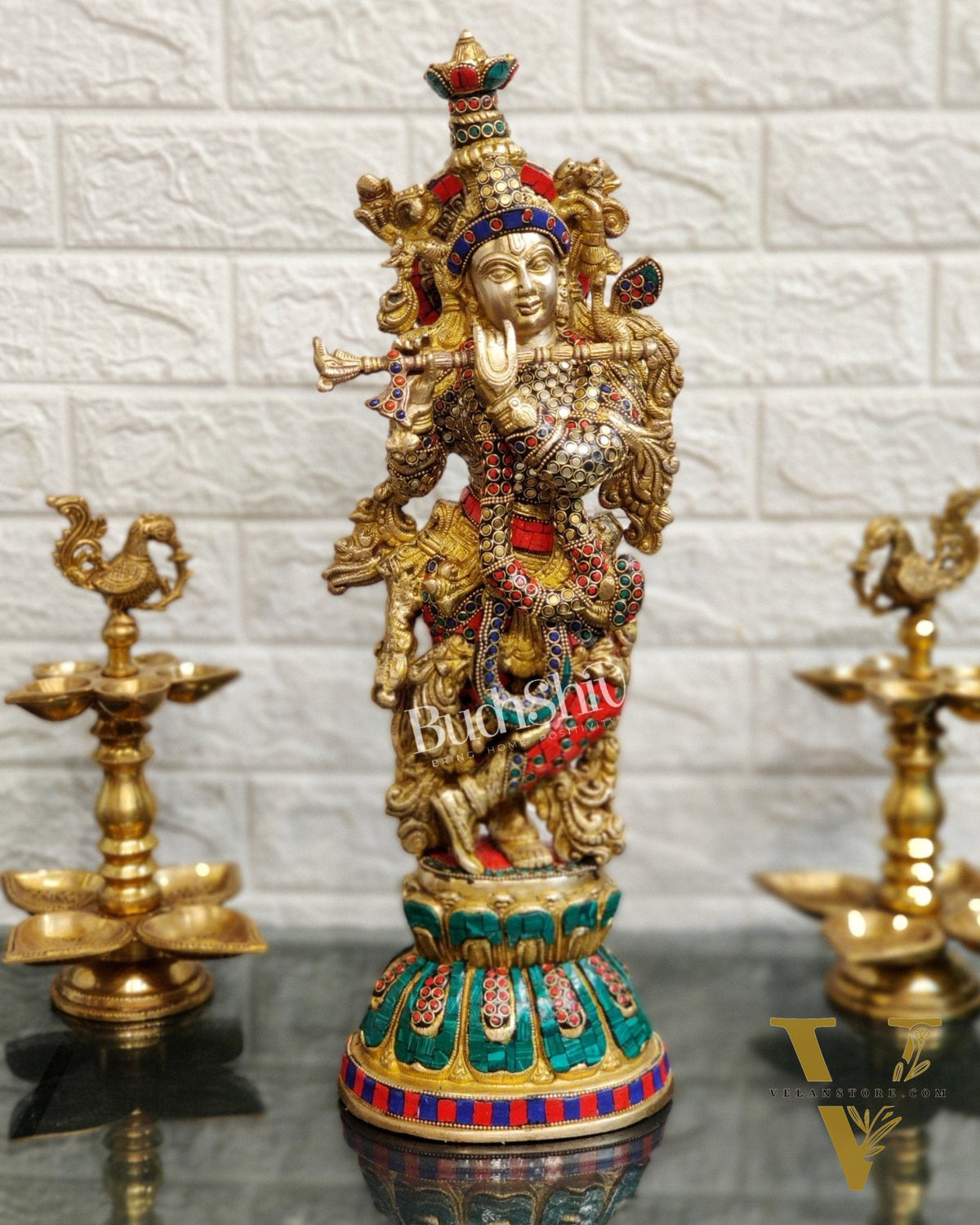 Pure Brass Handcrafted Krishna Statue with Stonework | Height 21 inches