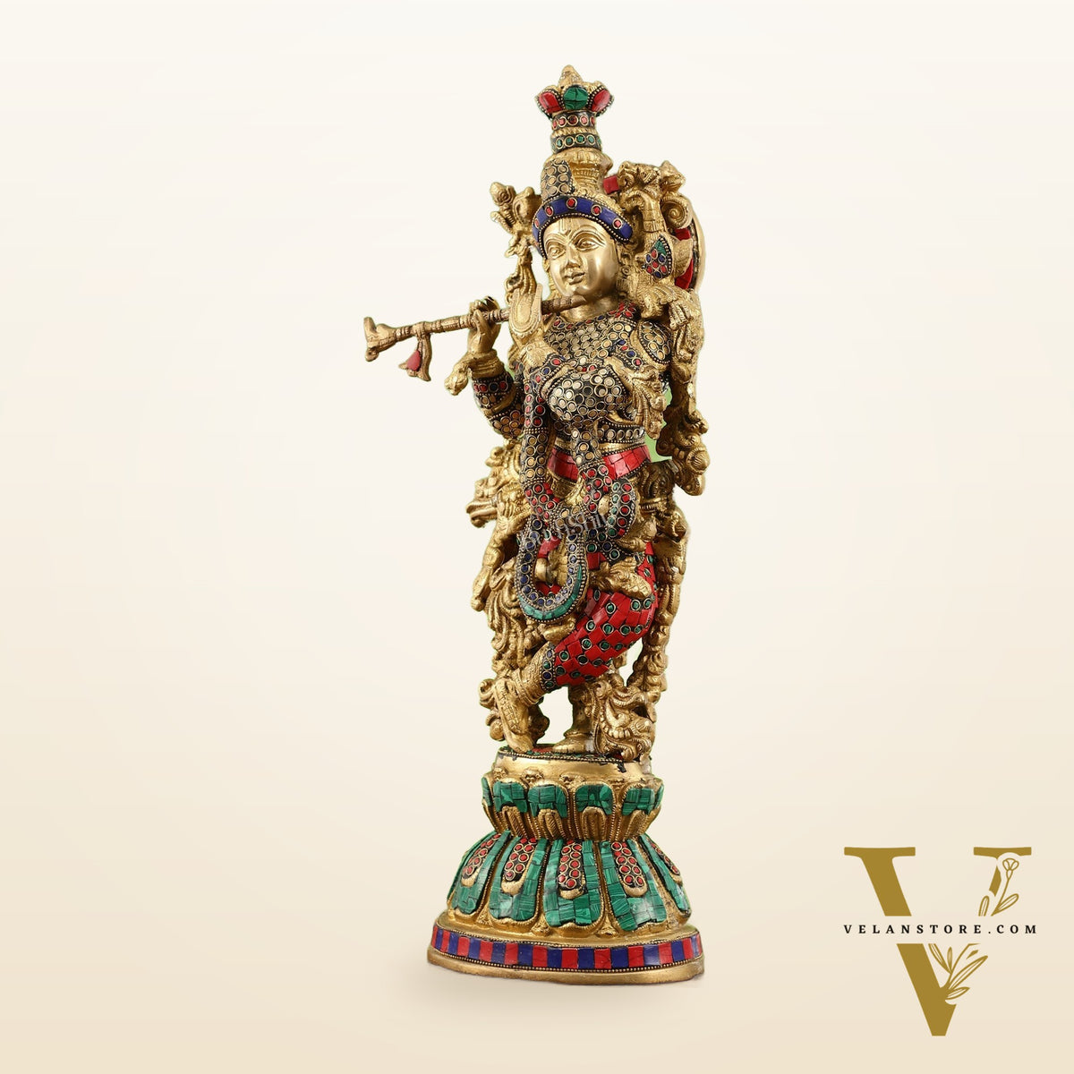 Pure Brass Handcrafted Krishna Statue with Stonework | Height 21 inch